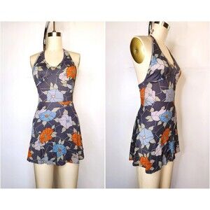 Vintage Floral Halter Mini Dress - Italian Summer Dress - Beach Dress - XXS XS
